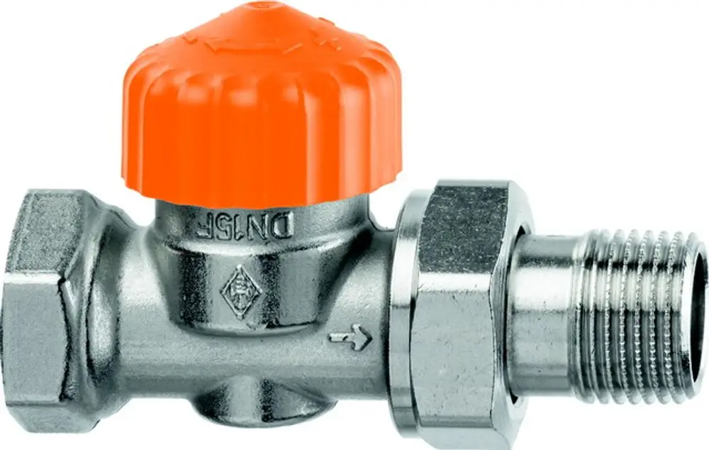 Thermostatventilunterteil mit orangefarbenem Griff, verchromt, zur Verwendung in Heizungsanlagen, hergestellt von IMI Hydronic Engineering.